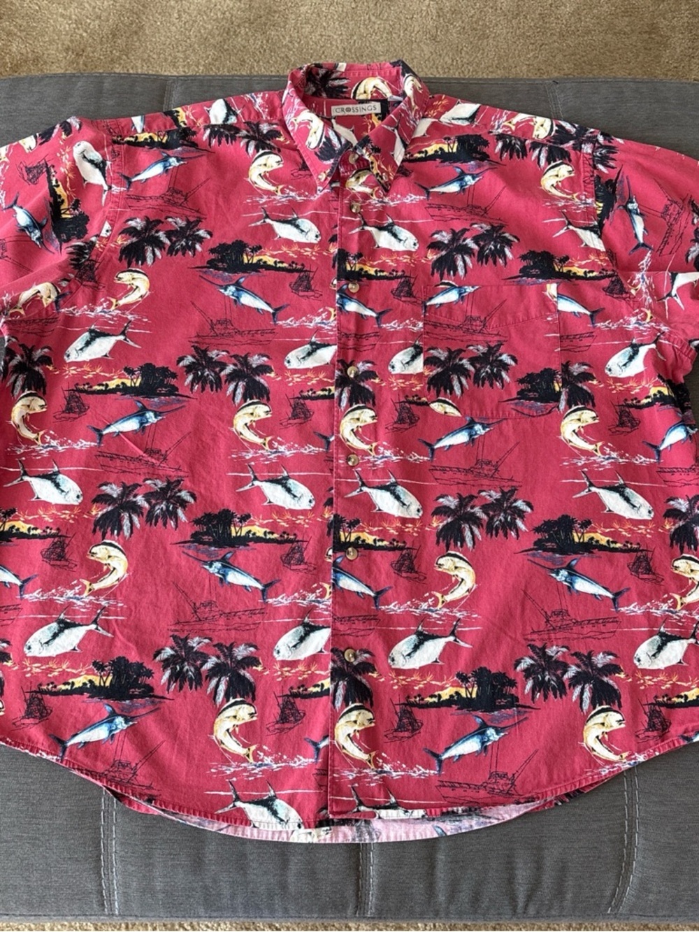 Crossings Men's Red  Tropical Fishing Print Button-Up cotton Shirt. XXL